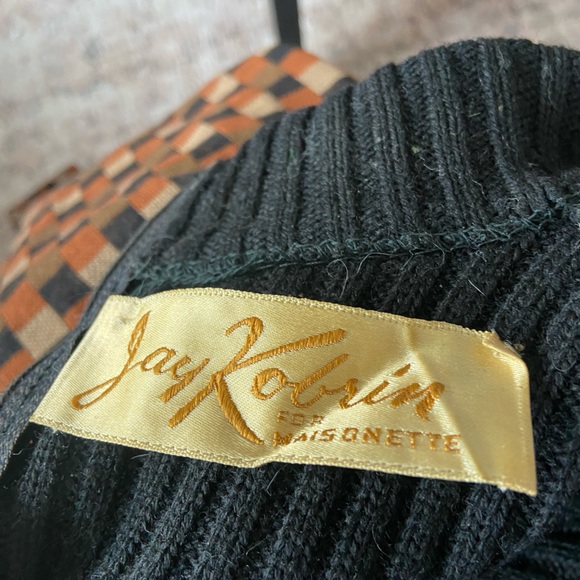 Vintage 70s Jay Kobrin Brown & Black Checkered Mock Neck Long Sleeve Dress 10 - Picture 9 of 10